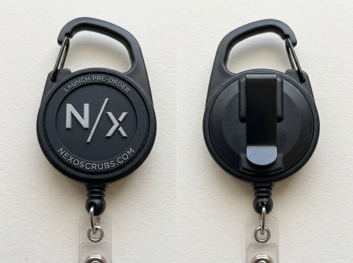 N/X retractable badge reel, front and back
