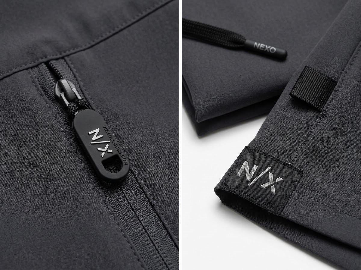 Close-up of the matte black YKK zip with N/X silicone pull and the N/X patch