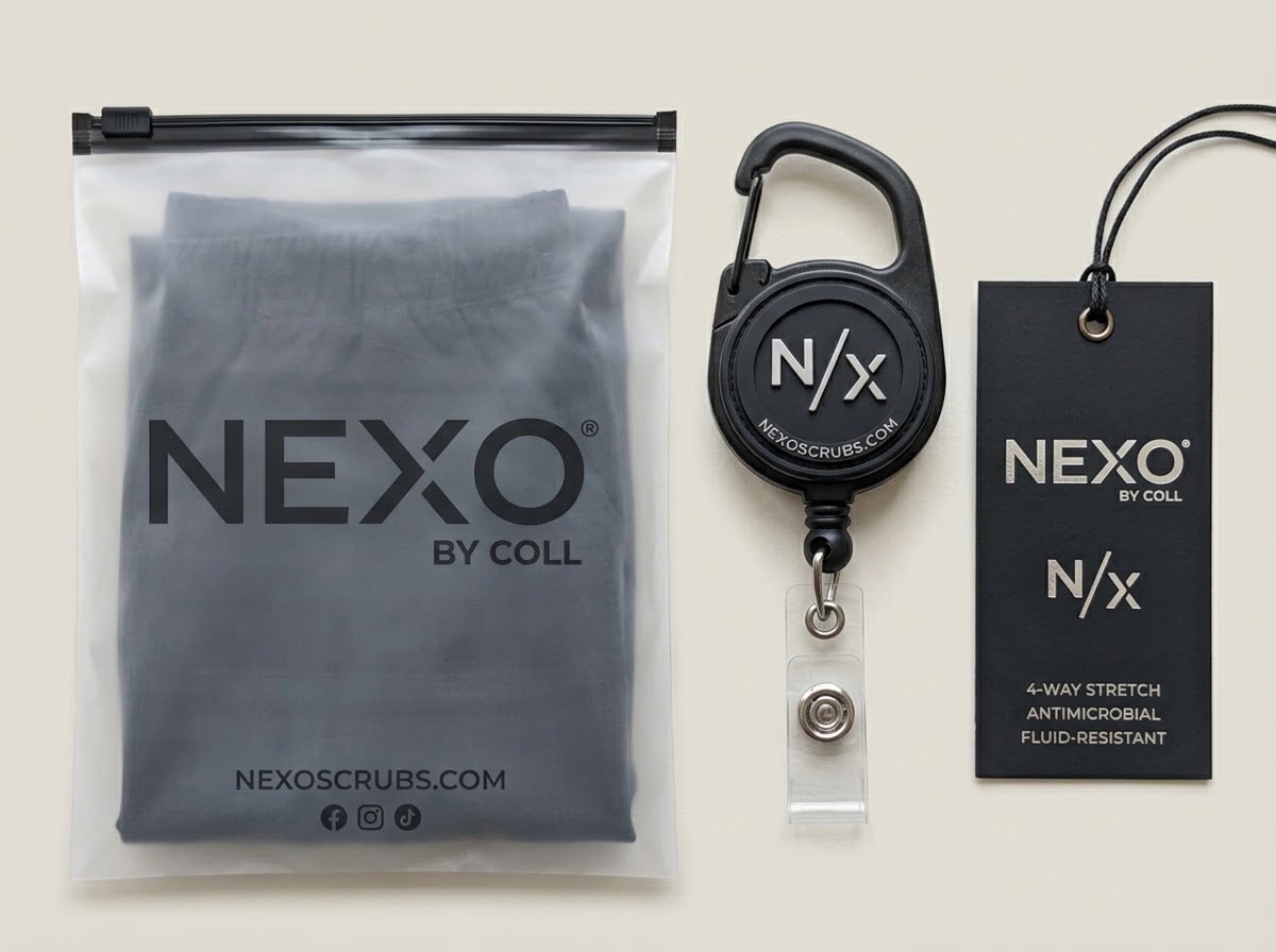 NEXO frosted garment bag, N/X badge reel and matte black hang tag